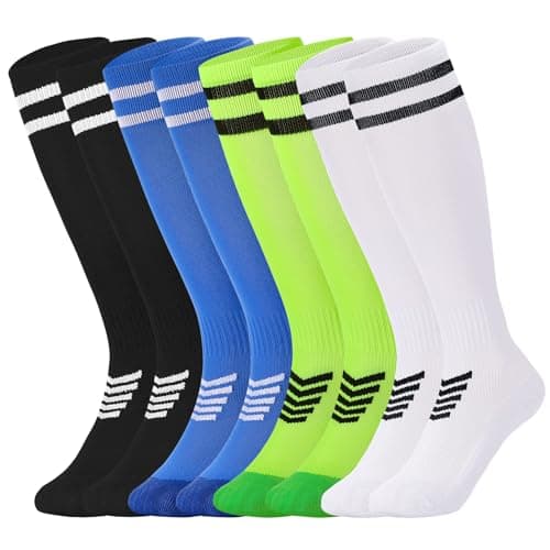Image of Zuimei 4 Pairs Kids Football Socks, Boys Football Socks Kids Breathable Soccer Socks Knee High Sock for Boys Running Training, Aged 4-8(Black+White+Blue+Green)