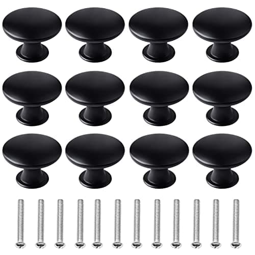 Image of kuou 12 Pcs 30mm Black Matted Round Cabinet Knobs, Kitchen Cupboard Handles, Vintage Style, 12 Screws Included