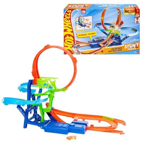 Image of Hot Wheels JKJ78 Multi Crash Track Set with 1:64 Scale Car and Motorized Thruster for Stunts and Continuous Races
