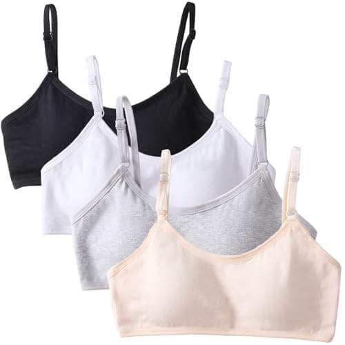 Image of Bysion 4 Pack Girls Sports Bra Training Bras Underwear with Fixed Bust Pad and Adjustable Strap Teenage Girls Crop Top for Kids 12-16 Years