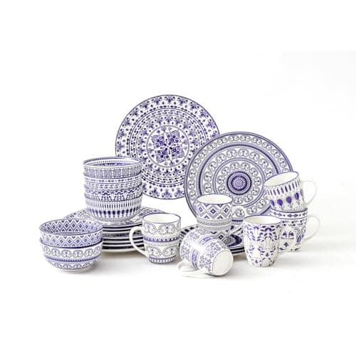 Image of simpa 24PC Blue Florentine Porcelain Dinner Set. 6 Dinner Plates, 6 Side Plates, 6 Bowls & 6 Mugs. Dishwasher & Microwave Safe.