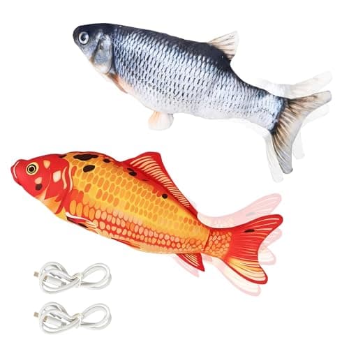 Image of 2 Pcs Floppy Fish Cat Toy with Catnip, 11" Interactive Cat Toy Realistic Moving Electric Flopping Plush Fish Toy for Indoor Cats to Bite Chew Kick, Washable (Grass Carp + Red Carp)