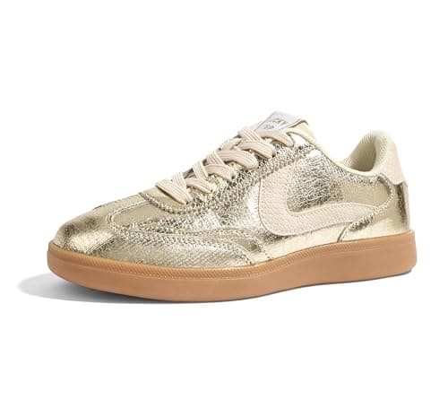 Image of LUCKY STEP Women's Retro Fashion Sneakers Classic Casual Walking Shoes Non Slip Comfort Skate Shoes (Gold, 9US-40EU-7UK)