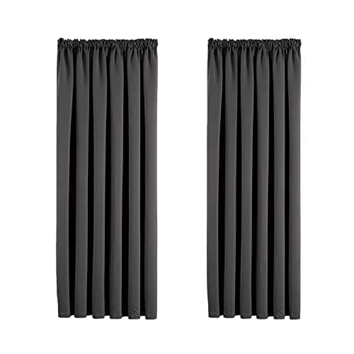 Image of Aspire Homeware Grey Blackout Curtains for Bedroom - Pencil Pleat Black Out Living Room Curtains 46 x 54 inch Drop Super Soft Thermal Insulated Short Kitchen Curtain Pair Panel with Tiebacks