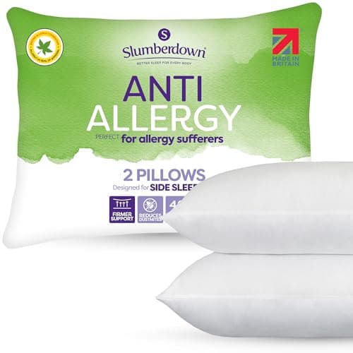 Image of Slumberdown Anti Allergy Pillows 2 Pack - Allergy UK Approved Firm Support Back & Side Sleeper Pillow for Allergy Sufferers | Anti Bacterial Cover, UK-Made & Washable (48 x 74cm)