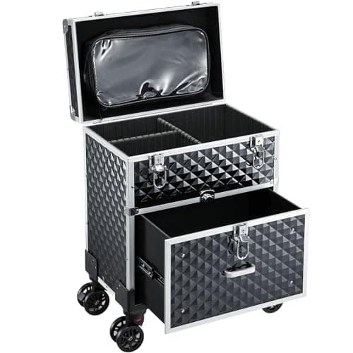 Image of Joligrace Makeup Case Vanity Case Large Beauty Makeup Trolley on Wheels with Drawer Make Up Box Organiser Nail Polish Organiser Storage, Black and Silver