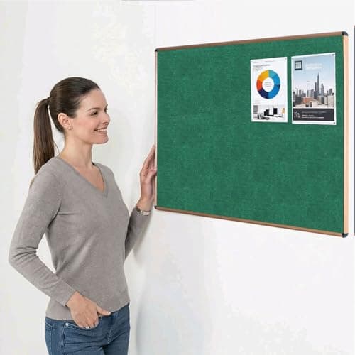 Image of Metroplan Fire-Retardant Noticeboard, 90 x 60 cm, Green Pinboard, Aluminium Frame with Light Oak Effect, Wall-Mounted, 12 Colour Pinboard Options - Ideal for Office, Classroom, Notice Displays