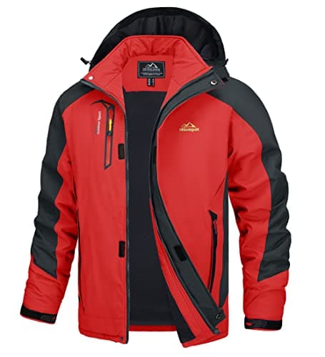 Image of TACVASEN Men's Outdoor Waterproof Jackets Lightweight Rain Jacket Hooded Winter Hiking Coats with Micro Fleece Red,M