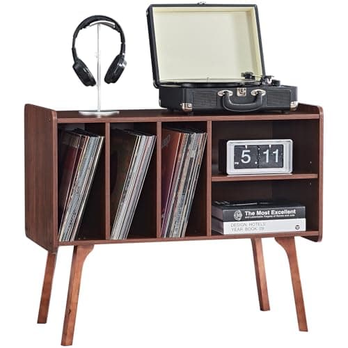Image of LELELINKY Walnut Record Player Stand with 4 Cabinet Holds Up to 220 Albums, Large Turntable Stand with Wood Legs, Mid-Century Record Player Table,Vinyl Holder Storage for Living Room,Bedroom