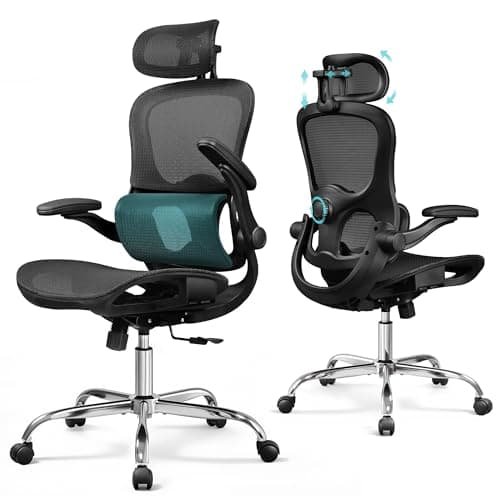 Image of DEVAISE Ergonomic Office Chair with Breathable Mesh Dynamic Lumbar Support, Headrest Adjustable, 3D Armrests, 360° Swivel Mesh Office Chair High Back for Home/Office, Black