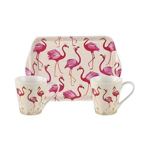 Image of Portmeirion Sara Miller Flamingo Mug and Tray Set, Multi-Colour