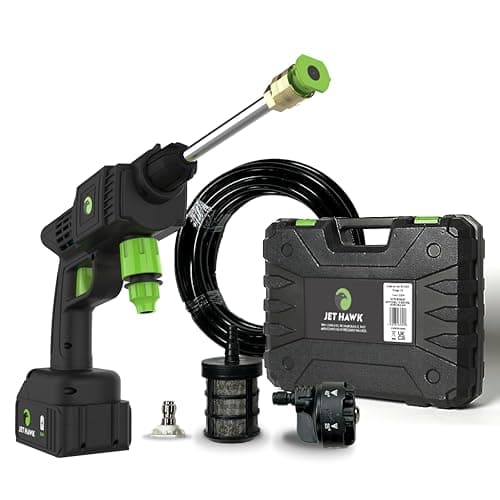Image of Jet Hawk – Portable Cordless High-Pressure Washer in Green Colourway - Use Any Water Source – 6 in 1 - Inc Spray Nozzles, 5m Hose, Hose Connector, Free Soap Dispenser Bottle & Hard Carry Case