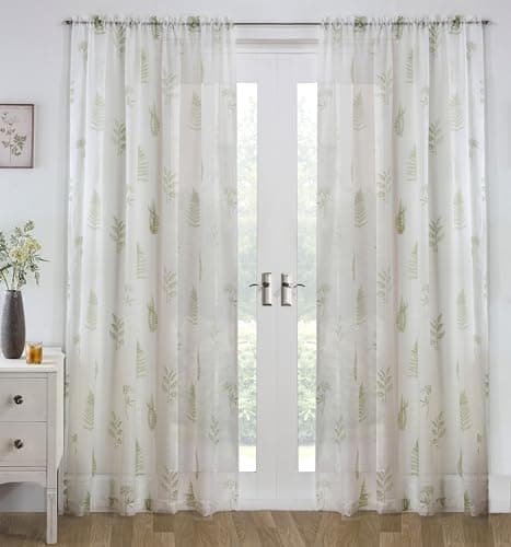 Image of Tyrone Textiles Pair of Bracken Green Wild Leaf Print Sheer Voile Panels with Sequins 229 CMS