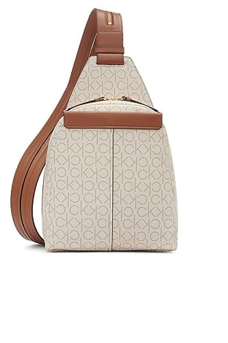 Image of Calvin Klein Women's Millie Vegan Leather Monogram Backpack, 2 Pockets Myra Convertible Sling, Vanilla/Khaki/Caramel, One Size