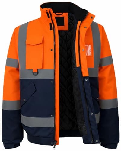 Image of SBZ Hi Vis Waterproof Bomber Jacket Safety Workwear High Viz Visibility Security Concealed Hood Fluorescent Flashing Hooded Padded Waterproof Coat (UK, Alpha, M, Regular, Regular, Orange/Navy)