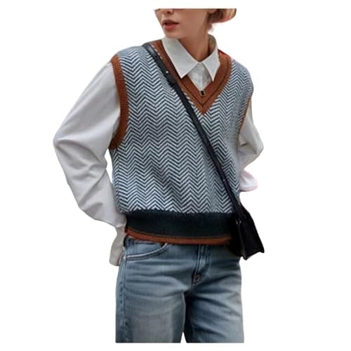 Image of Women's Sleeveless Jumpers Wavy Stripe Pullover Vest Ladies Sweater Tank Top V Neck Knit Jumper Blue
