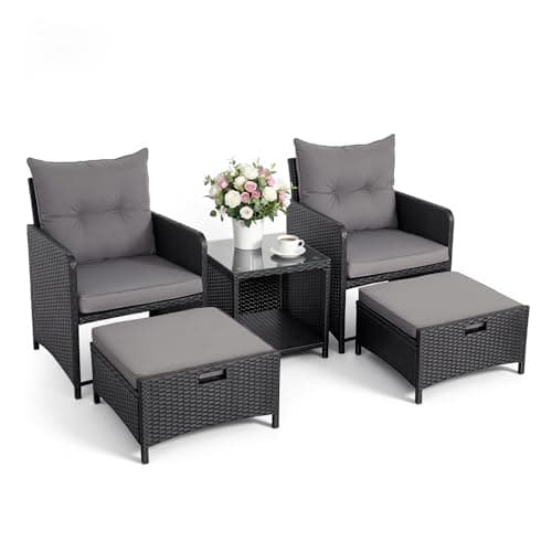 Image of Panana 5 Pieces Rattan Garden Furniture Set, Nesting Sofa Chair with 2 Ottomans & Storage Coffee Table, Outdoor Patio Sofa Set for Balcony Poolside Conversation