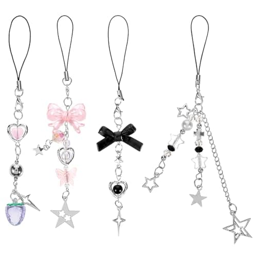 Image of Yuomeaz 4 PCS Phone Charm Strap, Butterfly Crystal Star Phone Wrist Strap Beaded, Y2k Phones Case Charms, Camera Phones Anti-Lost Lanyard Accessories for Women Girls
