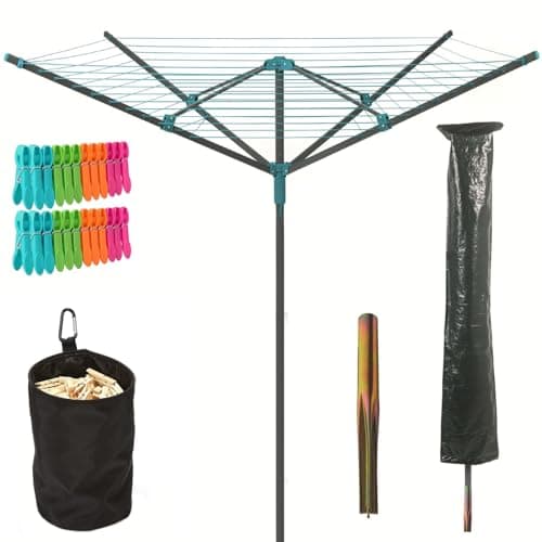 Image of Taylor & Brown 50m Rotary Airer Clothes Line With 4 Arms For Laundry Drying Washing Outdoors Garden | Heavy Duty | Washing Line With Free Ground Spike, 24pcs Clothes Pegs, Cover and Pegs Bag