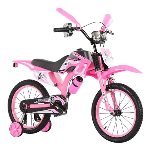Image of Touch of Venetian 12" 16" 20" Boys Motorcross Bike with Stabilisers Black Red Green Blue Pink Moto Wheels Kids Bicycle for Ages 2-9 Years Old Motorcycle Sound Motorcross (Pink, 12 Inch)