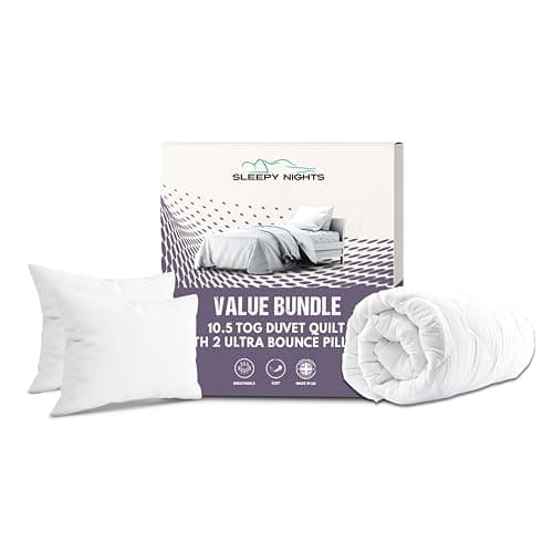 Image of SleepyNights Single Duvet 10.5 Tog Poly Cotton Quilt with 2 Ultra Bounce Pillows – Luxury All Seasons Anti-Allergy Bedding Set, Sustainable Hollowfibre Filling, Machine Washable - (135x200cm)