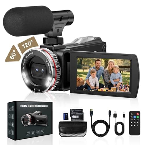 Image of Euiivnt 4K Camcorder Video Camera, Vlogging Camera for YouTube with External Mic, Digital Zoom & 3.0” Flip Screen, 2 Batteries, 64GB Card & Remote Control (48MP CAM)