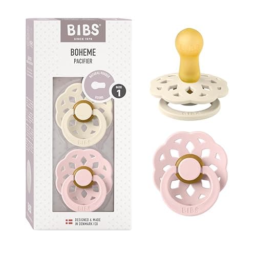 Image of BIBS Boheme Soother 2-Pack. BPA Free. Round Nipple, Natural Rubber Latex, Made in Denmark. Size 1 (0-6 Months), Ivory/Blossom