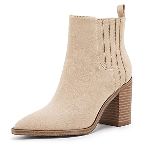 Image of Womens Ankle Boots Slip on Pointed Toe Chunky Block Mid Heel Leather Elastic Panel Casual Chelsea Western Booties, Cream, 9