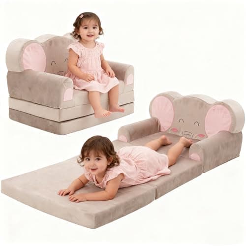 Image of EULEUY Kids Play Sofa Bed 2-in-1,Modular Toddler Armchair,Convertible Baby Mini Fold Out Couch Lounger Set for Playroom & Bedroom,Kids Furniture,Birthday Gift for Girls Boys,Grey Elephant