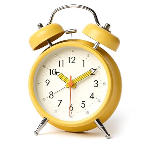 Image of Linlinwill Loud Alarm Clock for Heavy Sleepers, Silent Metal Alarm Clock Non Ticking, 4" Twin Bell Alarm Clock with Night Light, Battery Operated Analogue Alarm Clock for Bedroom (Yellow)