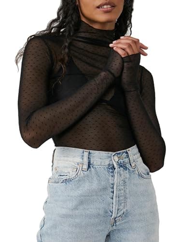 Image of Springcmy Women Sexy Mock Turtle Neck Long Sleeve Sheer Mesh Ruched See Through Swiss Dots Going Out Layering Slim Fit Tops Streetwear (A-Black, M)