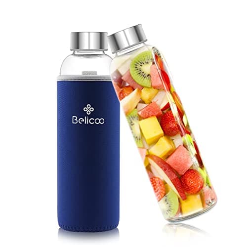 Image of BELICOO BPA-Free Glass Water Bottle 550ml/18oz Borosilicate Leak Proof Portable for School Office Home Travel Sport with Neoprene Carrying Sleeve and Nylon Bottle Brush (Sapphire)