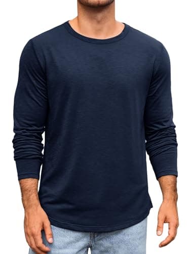 Image of Runcati Men's Long-Sleeved Crew Neck T-Shirt Plain Regular Fit Tops Sports Leisure Shirts Casual Basic Vest, darkblue, XL