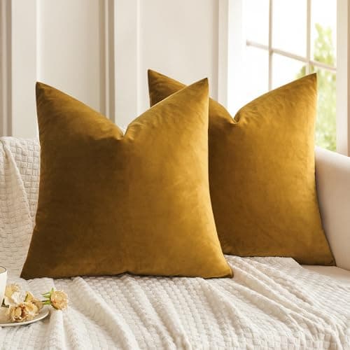 Image of MIULEE Velvet Soft Soild Microfiber Decorative Square Pillow Case Throw Cushion Cover for Sofa Bedroom with Invisible Zipper 16x16 Inch 40x40cm Mustard Yellow Set of 2 Lined