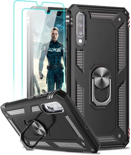 Image of LeYi Case for Samsung Galaxy A70/A70S [2 x Tempered Glass] 360 Degree Ring Stand, Military Double Reinforced Defense Bumper Silicone Shockproof Armor Protection Case Cover - Black