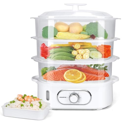 Image of Aigostar 3 Tier Electric Food Steamer 12L, 900W Vegetable Steamer with 60 Minute Timer, BPA Free, Separate Rice Bowl and Stackable Steam Baskets, Healthy Cooking, Energy Saving, Refill While Steaming