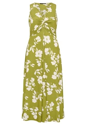 Image of EVANS Curve Chartreuse Floral Print Knot Front Maxi Dress - Women's - Plus Size Curve Light Green