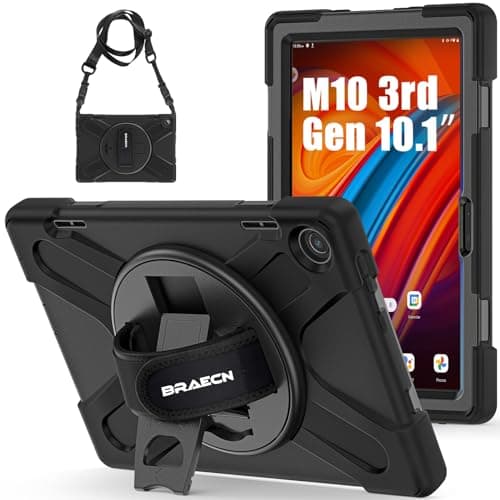 Image of BRAECN Case for Lenovo Tab M10 3rd Gen 10.1 Inch 2022, Heavy Duty Rugged Protective Cover with 360° Rotating Kickstand & Hand Strap, Shoulder Strap for TB-328FU/TB-328XU, Black