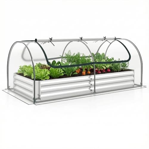 Image of COSTWAY Raised Garden Bed with Greenhouse, Outdoor Elevated Planter Box with PVC/PE Cover & Dual 2-Tier Roll-Up Windows, Steel Mini Growhouse for Patio (PVC Cover, Silver+Clear, 202 x 101 x 81cm)