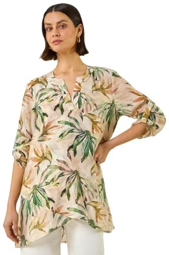 Image of Roman Originals Floral Print Tunic Top for Women UK Ladies Casual Shirt Smart Blouse Asymmetric Wrap Hem Summer Holiday Party Cruise 3/4 Sleeve Longline Oversized - Leaf Emerald - Size 20