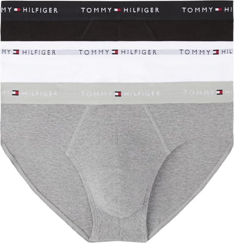 Image of Tommy Hilfiger Men’s 3 Pack Hipster Briefs with Logo Waistband, Multicolor (Mid Hthr/Blck/Th Wht), L