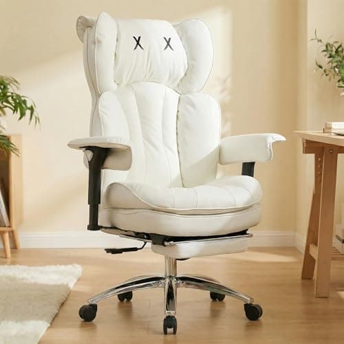 Image of Efomao Desk Office Chair, Heavy Duty 200kg Big and Tall Executive Computer Chair, Unique XX Embroidery Ergonomic High Back PU Leather Chair with Retractable Footrest, White