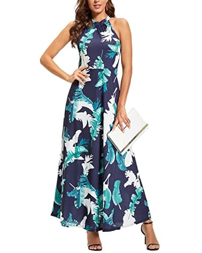 Image of STYLEWORD Women's Floral Print Sleeveless Off Shoulder Elegant Summer Dress Halter Neck Maxi Long Dress (Floral 01,XXL)