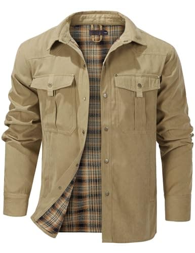Image of Rousytn Flannel Lined Shirt Jacket for Men Lightweight Snap Button Western Cowboy Shirts Jackets Shacket, Khaki, XL
