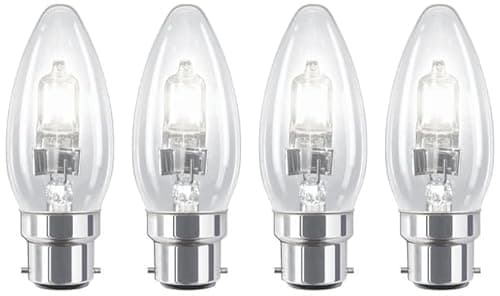 Image of 4 Pack 28W =(35W) Eco Classic B22 Bayonet Cap, BC, Traditional Clear Candle Bulbs, Dimmable, 2700K Warm White, 380 Lumen, AC 230V, for Chandeliers, Lamps, Wall Lights, Pendants