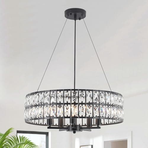 Image of MRHYSWD 5 Lights Modern Crystal Chandelier Ceiling Lights Living Room, Dia 52cm Black Pendant Light with Crystal Shade, E14 Base Drum Contemporary Chandeliers for Kitchen Hallway, Height Adjustment