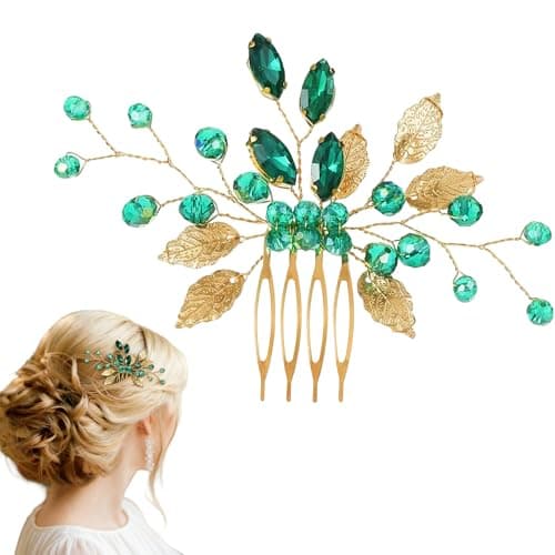 Image of 1 Pack Green Crystal Bridal Hair Comb – Wedding Hair Accessories for Women, Gold Leaf Floral Rhinestone Hairpiece for Bride, Bridesmaid & Prom – Elegant Metal Hair Accessory