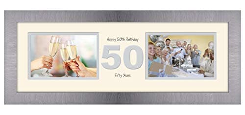 Image of 50th Birthday Photo Frame Fiftieth Gift Takes Two 6”x4” Landscape Photos 1225A (Brushed Silver Finish Frame Cream Mount Grey Inside)