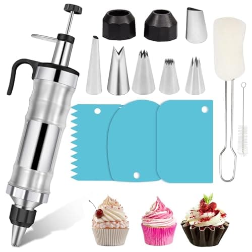 Image of 14PCS Dessert Decorating Syringe Set, Icing Piping Kit, Stainless Steel Cake Piping Kit with 6 Pipe Nozzles, Baking Decoration Kit for DIY Cupcakes and Dessert Decoration