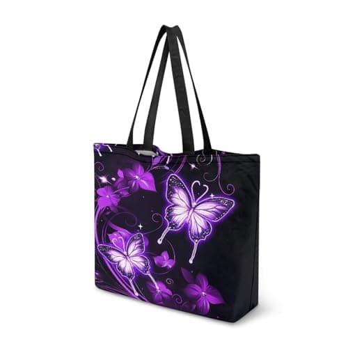 Image of Dngkaoje Purple Butterflies Canvas Tote Bags for Women Tote Bag for School Kids Children Aesthetic Large Shopping Coin Purse,Causal Travel Shoulder Handbags for Women Ladies Shopping Handbags